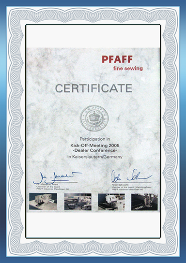 Сертификат участника в конференции дилеров Pfaff